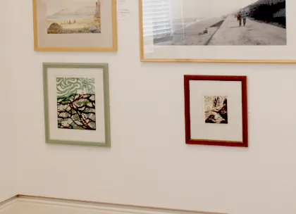 A not great photo of two framed prints displayed beneath other art