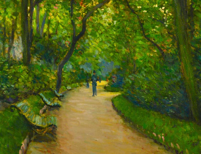 A beautiful painting of trees altered to show how it would look with muddy dull colours
