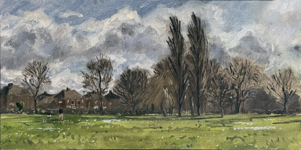 A painting of an open grass area with large winter trees and pubbles. In the background are houses, while a man in long shorts walks his dog. The sky is bright and filled with active turnbulant clouds. It's a summy but brisk day.